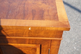 A reproduction George III style banded burr walnut breakfront side cabinet, width 154cm, depth 50cm, height 90cm